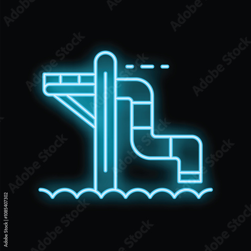 Bright blue neon sign depicting a waterslide emptying into a pool of water