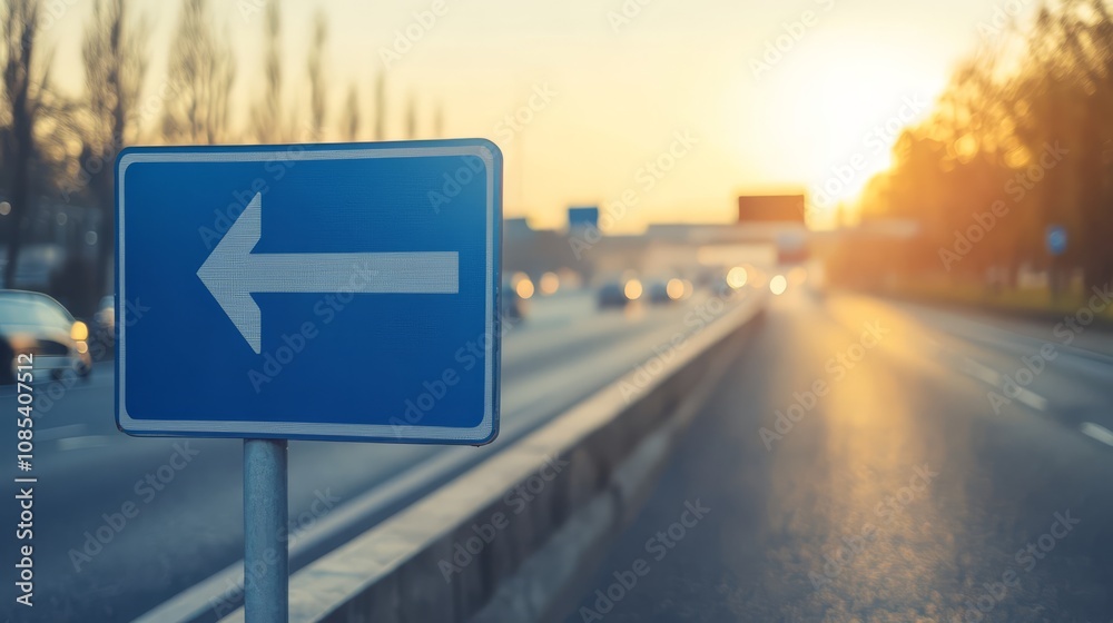 Sunset Highway Turn Left: A blue directional sign points left on a highway at sunset, cars in the background. A scene of travel, journey and direction. Sunset Highway Turn Left: A blue directional sign points left on a highway at sunset, cars in the background. A scene of travel, journey and direction.
