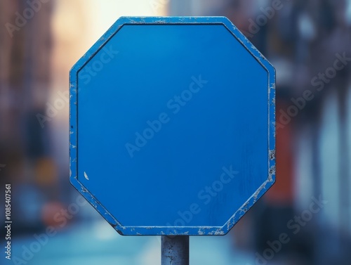 Blank Blue Octagonal Sign on City Street: An octagonal blue sign stands out against a backdrop of a bustling city street. The sign's blank surface offers a canvas for your message. photo