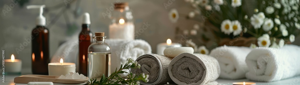 A serene spa setup featuring candles, essential oils, towels, and flowers, creating a calming atmosphere for relaxation and self-care. A serene spa setup featuring candles, essential oils, towels, and flowers, creating a calming atmosphere for relaxation and self-care.
