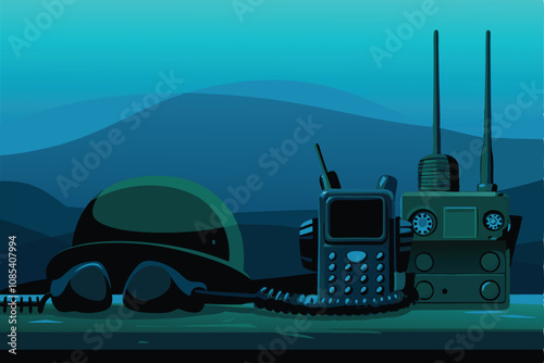 Illustrate a detailed background scene featuring vintage military radios, headphones, and maps spread across a weathered wooden table.  Include subtle lighting and textural details.