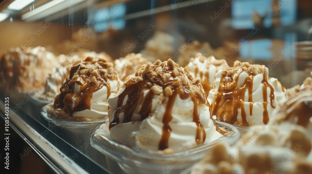 Close-up of creamy gelato in a chilled display case, with toppings like caramel drizzle and crushed nuts Close-up of creamy gelato in a chilled display case, with toppings like caramel drizzle and crushed nuts