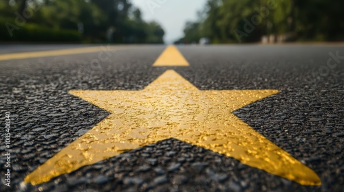 Starlit Road to Success: A close-up shot of a vibrant yellow star painted on an asphalt road, symbolizing ambition, journey, and the path to success. The image evokes a sense of hope and progress. photo