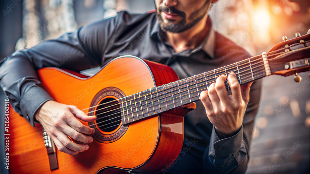 Obraz premium Focused young man skillfully playing acoustic flamenco guitar with warm light effects in stylish setting