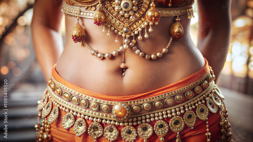 Tribal fusion belly dance .Artistic close-up of dancer's waist adorned with intricate jewelry and vibrant traditional costume Tribal fusion belly dance .Artistic close-up of dancer's waist adorned with intricate jewelry and vibrant traditional costume
