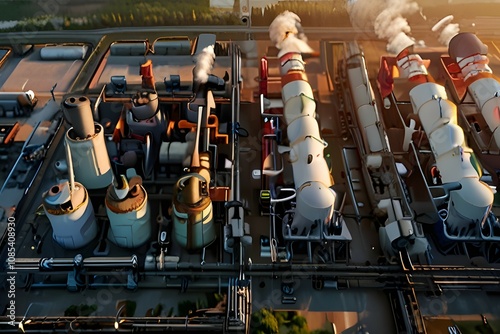 Aerial view of steel plant at night with smokestacks and fire blazing out of the pipe. Industrial panoramic landmark with blast furnance of metallurgical production. Concept of environmental pollution photo