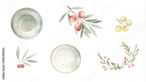 Set of watercolor hand drawn olives, olive branches, plates, leaves.
