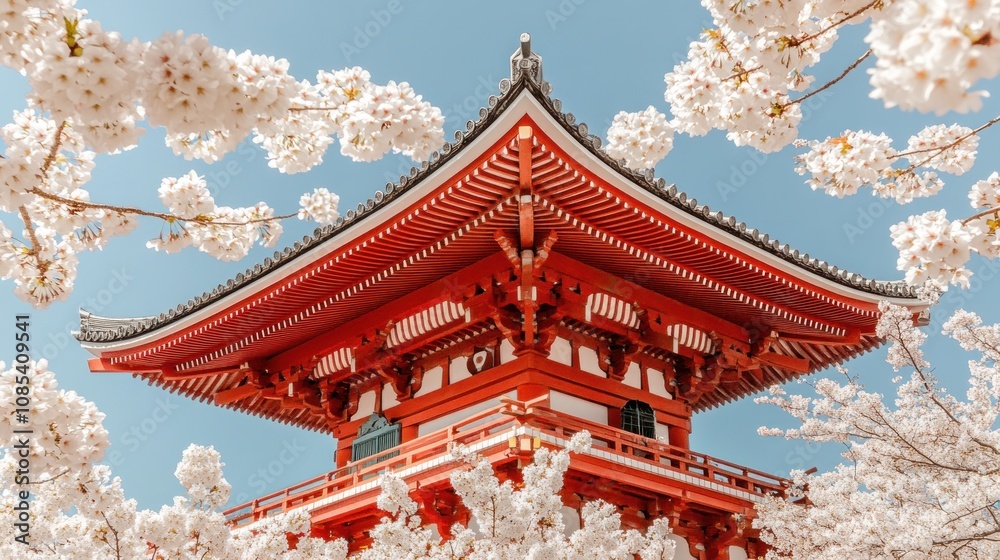 Naklejka premium red pagoda surrounded by blooming cherry blossoms under a clear blue sky.