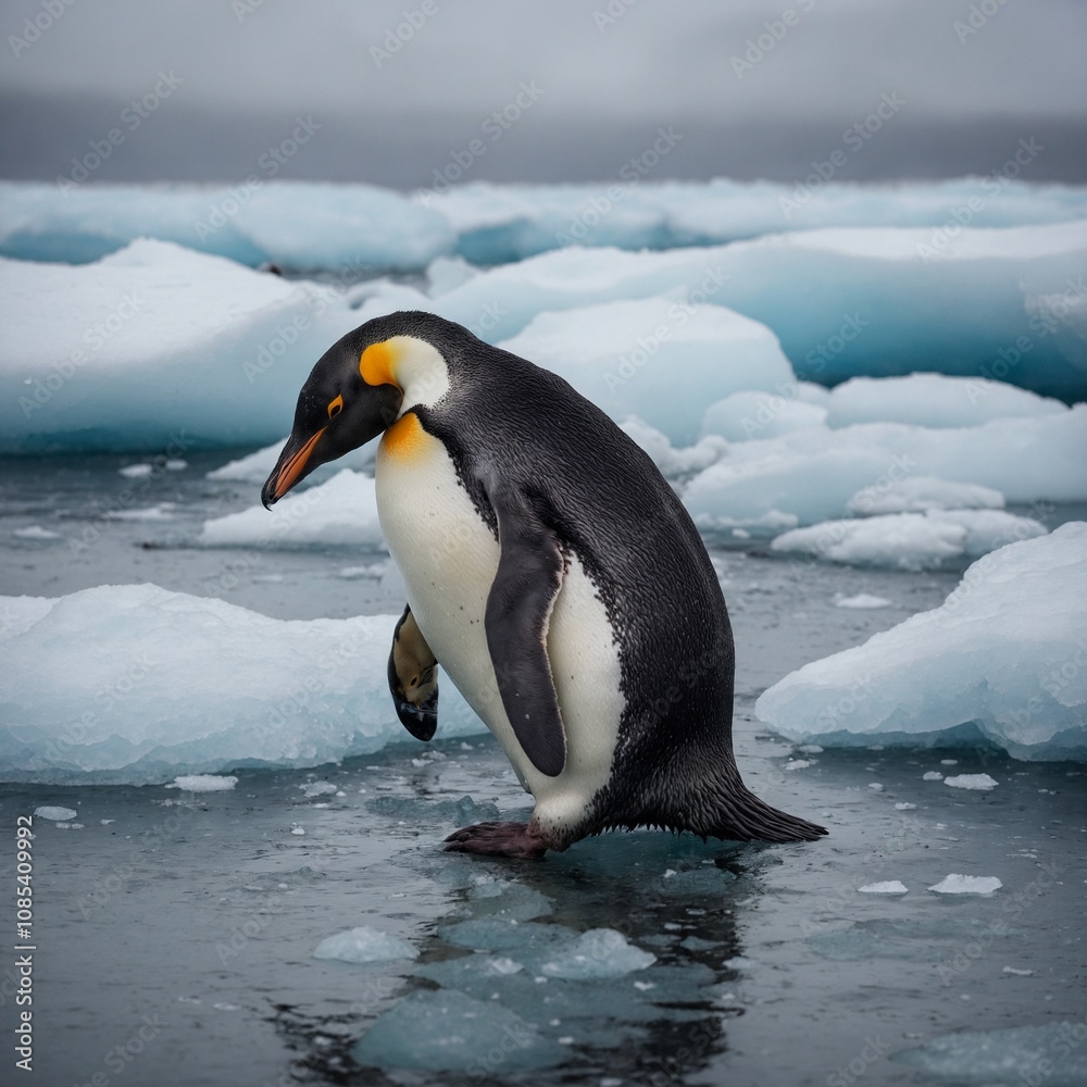 Fototapeta premium Penguins huddling together on an icy shore.