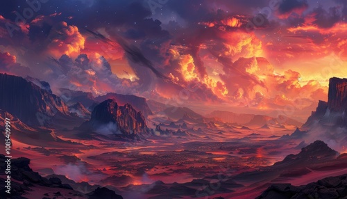 A fiery landscape with volcanic mountains and a starry sky