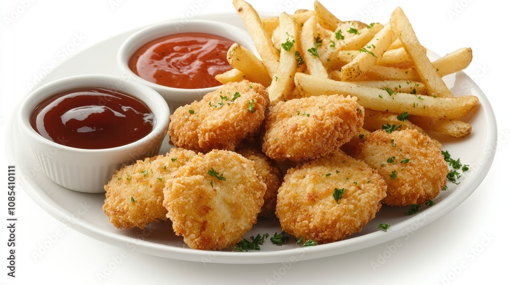 A casual serving of breaded chicken nuggets and French fries, arranged with dipping sauces and sprinkled with parsley A casual serving of breaded chicken nuggets and French fries, arranged with dipping sauces and sprinkled with parsley
