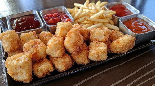 A serving of breaded chicken nuggets and French fries on a rectangular plate, with a variety of dipping sauces on the side