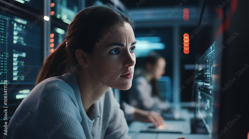 Female IT specialist explaining server configurations to a group of colleagues in a high-tech environment 