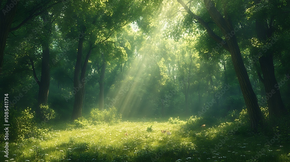 A beautiful forest panorama with tall trees and sunset background A beautiful forest panorama with tall trees and sunset background
