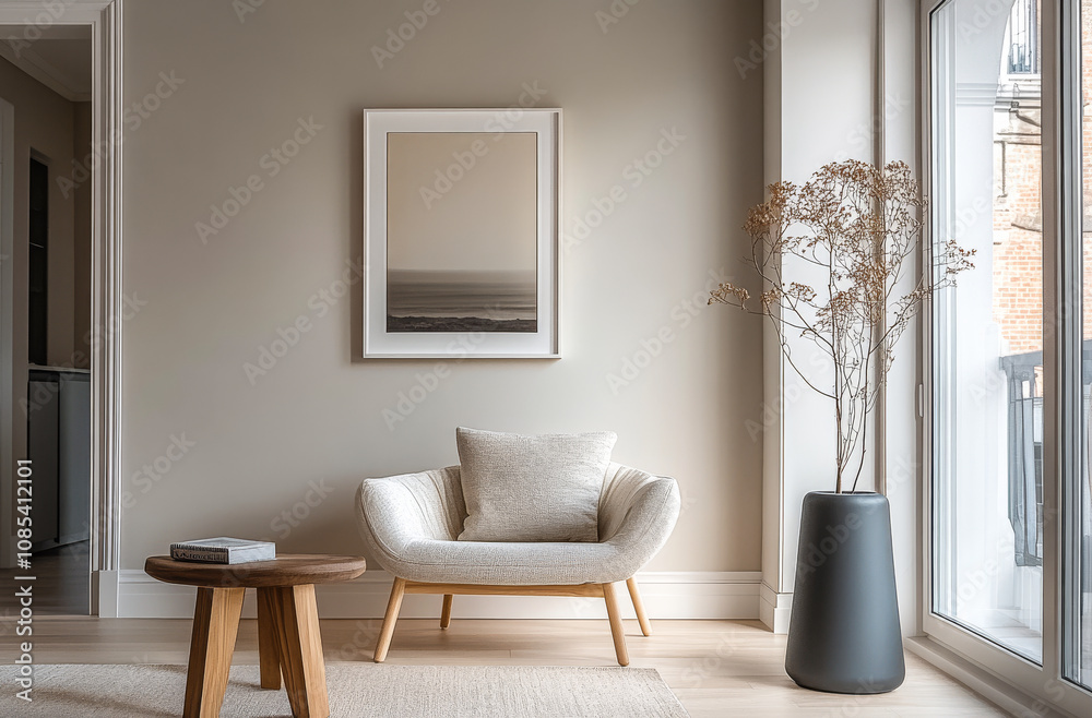 Cozy living room with a modern armchair and minimalistic decor in a natural light setting Cozy living room with a modern armchair and minimalistic decor in a natural light setting