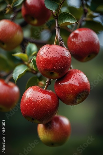 A close-up of ripe red apples hanging from a tree branch