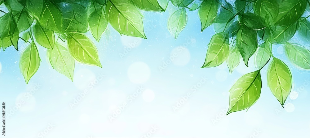 Fresh Green Leaves Border on a Sunny Blue Sky Background With Light Bokeh, Spring Nature Concept. Fresh Green Leaves Border on a Sunny Blue Sky Background With Light Bokeh, Spring Nature Concept.