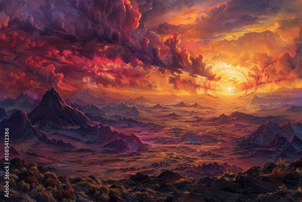 Fototapeta premium A Fiery Sunset over a Rugged Mountainous Landscape