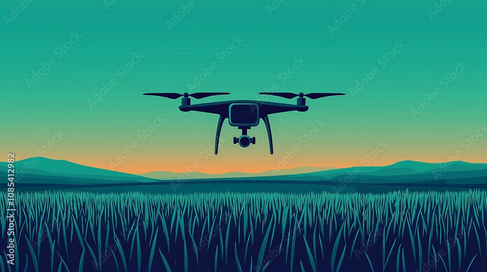 Drones and AI are revolutionizing smart farming practices Concept. Drone flying over a field at sunset, capturing a vibrant landscape view. Drones and AI are revolutionizing smart farming practices Concept. Drone flying over a field at sunset, capturing a vibrant landscape view.
