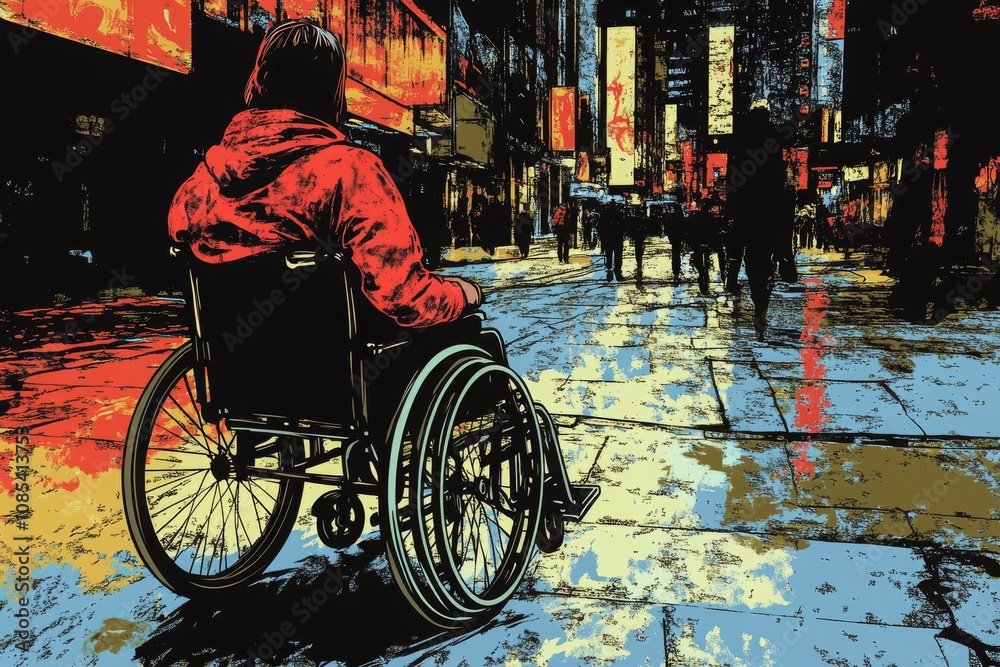 Obraz premium Vibrant City Scene with Wheelchair User in Cartoon Style