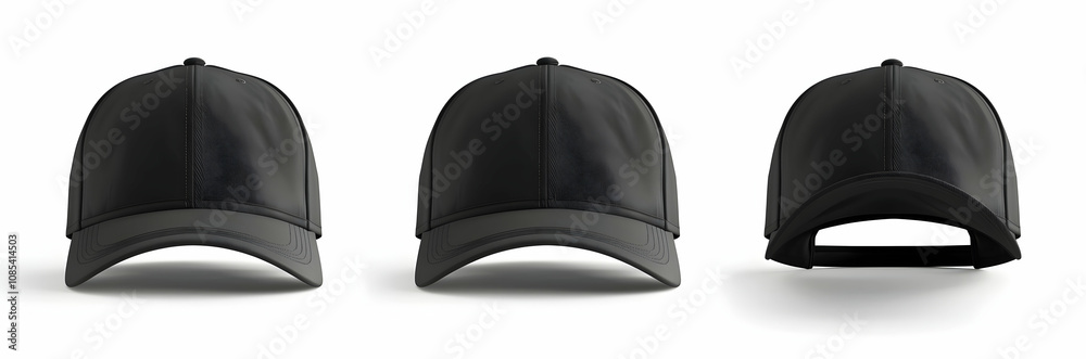 Black baseball cap, three views: front view and side view, white background Black baseball cap, three views: front view and side view, white background