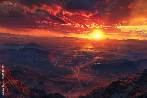 A fiery sunset casts an orange glow over a mountain range with a valley below.