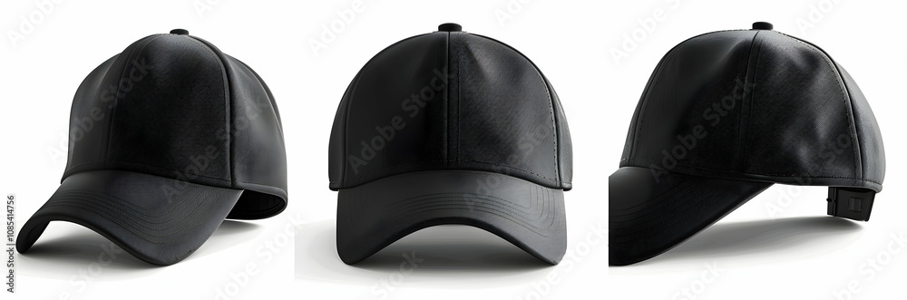 Black baseball cap, three views: front view and side view, white background Black baseball cap, three views: front view and side view, white background