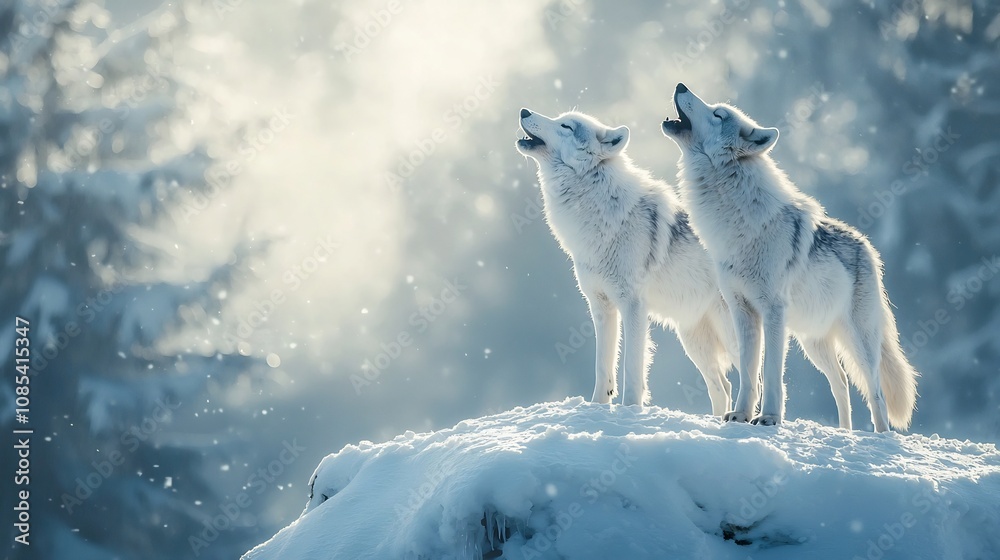 A pair of Arctic wolves standing on a snow covered hill howling in unison with their breath visible in the cold air A pair of Arctic wolves standing on a snow covered hill howling in unison with their breath visible in the cold air
