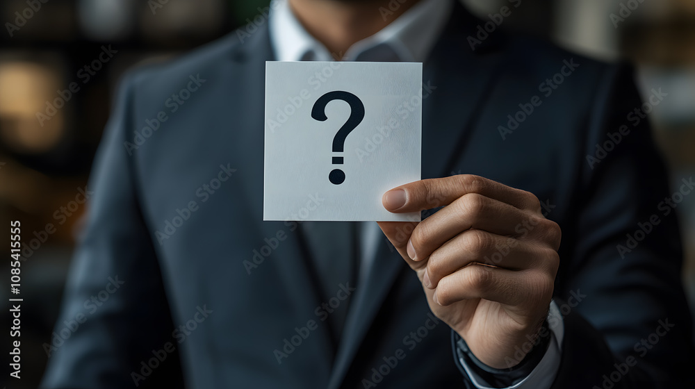 Close-up of a businessman in a suit holding a card with a question mark, symbolizing inquiry, problem-solving, or uncertainty in a professional setting. Close-up of a businessman in a suit holding a card with a question mark, symbolizing inquiry, problem-solving, or uncertainty in a professional setting.