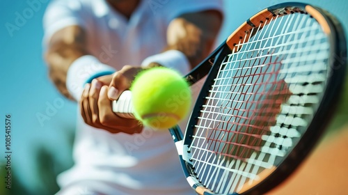 Close-up action of a tennis player hitting a ball on a sunny day at the court during a competitive game