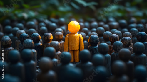 yellow wooden figurine illuminated among a group of dark wooden figures, symbolizing individuality, leadership, or standing out in a crowd. photo