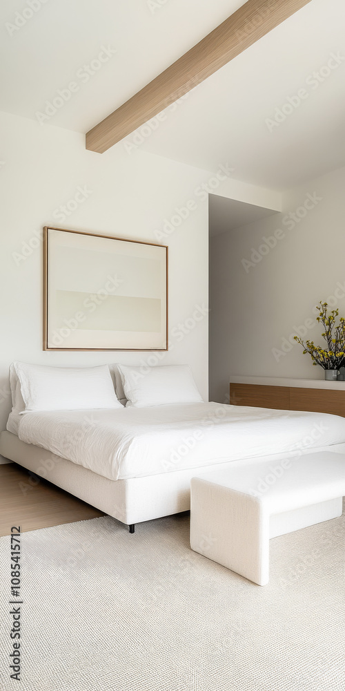 Fototapeta premium Modern minimalist bedroom design with natural light and neutral colors in a cozy apartment