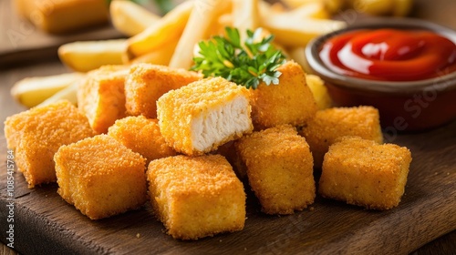 Breaded chicken nuggets with French fries on a rustic wooden board, garnished with fresh parsley, and ketchup on the side