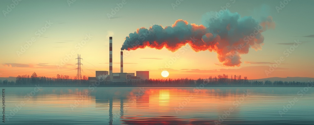 Industrial landscape at sunset with smokestacks and mountain reflections Industrial landscape at sunset with smokestacks and mountain reflections