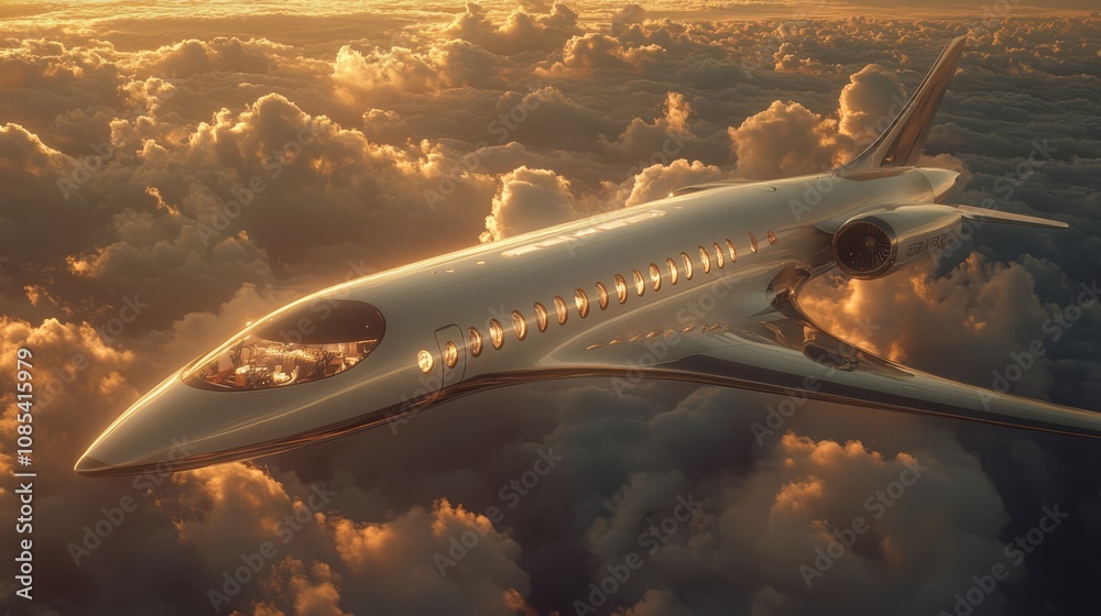 Fototapeta premium Jet Above the Clouds: A sleek passenger jet soars gracefully through a sea of clouds, the sunlight reflecting off its polished fuselage.