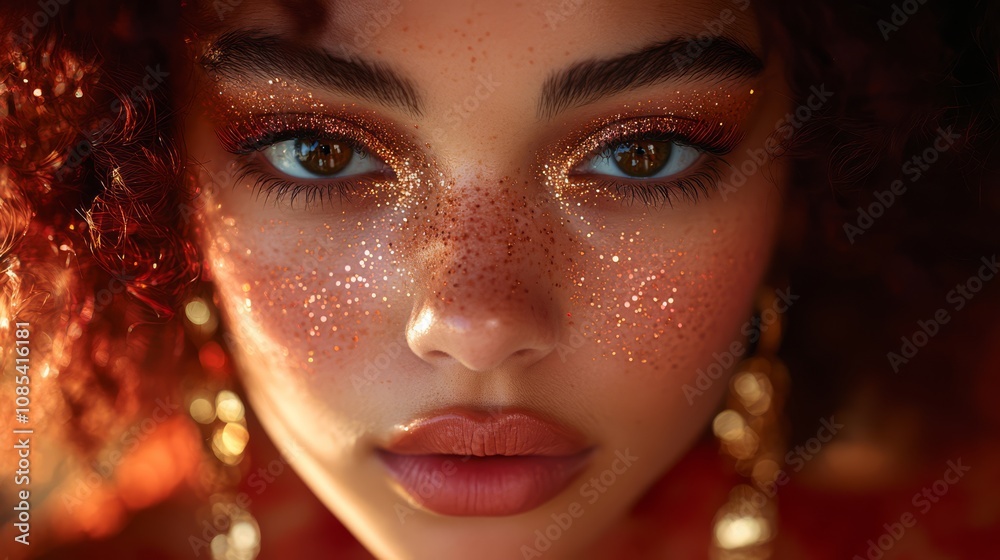 Close-up portrait of a young woman with freckles, adorned with warm-toned makeup and gold jewelry, bathed in the soft light of sunset. Her captivating gaze draws the viewer in. Close-up portrait of a young woman with freckles, adorned with warm-toned makeup and gold jewelry, bathed in the soft light of sunset. Her captivating gaze draws the viewer in.