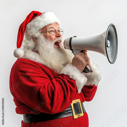 Santa Claus holding a megaphone, side view, with copy space. White background. Concept of advertisement, discounts, Christmas advertising, New Year