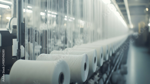 A modern yarn manufacturing factory with white yarn being wound onto spools filled with different types of yarn. Process of yarn production in a contemporary textile facility
 photo