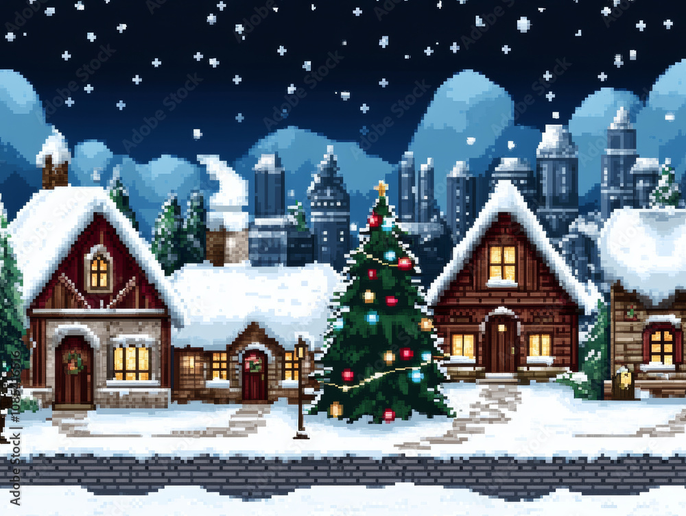 Pixelated winter village with snow and Christmas tree under starry sky. Pixelated winter village with snow and Christmas tree under starry sky.