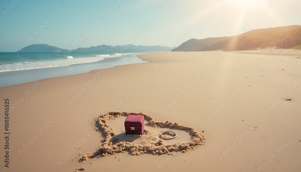 Naklejka premium Proposal ring on heart-shaped sand by the beach.