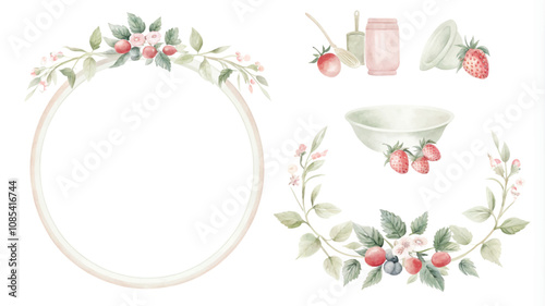 Watercolor set of round frames with berries and leaves. Vector illustration.