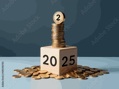 2025 new year goal plan action with 2025 in wooden cube with pile of growing coins, Business , financial and strategies. Annual plan and development for achieving goal, achievement and success.
