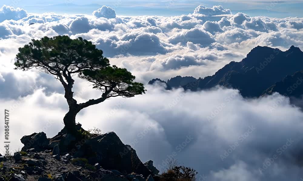 A tree standing on top of a mountain, surrounded by clouds, offering a peaceful and breathtaking view of nature. A tree standing on top of a mountain, surrounded by clouds, offering a peaceful and breathtaking view of nature.