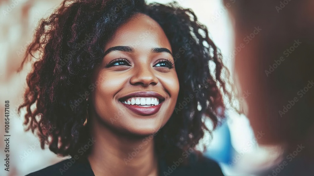 Smiling Young Woman with Curly Hair in a Casual Setting, Radiating Joy and Confidence, Engaging in a Friendly Conversation with Soft Focus Background Smiling Young Woman with Curly Hair in a Casual Setting, Radiating Joy and Confidence, Engaging in a Friendly Conversation with Soft Focus Background