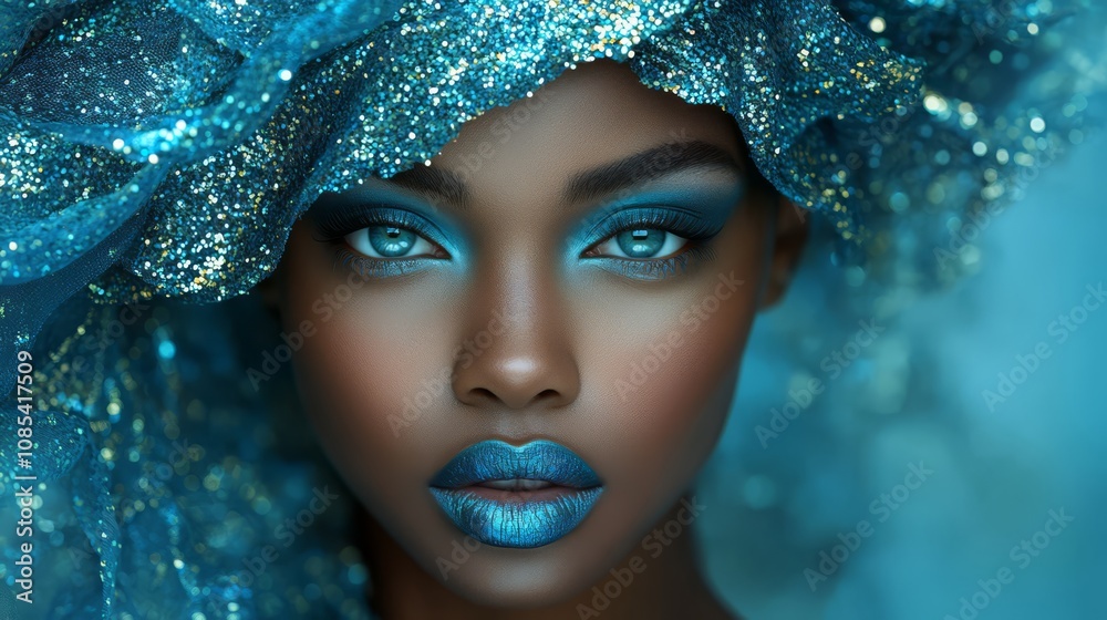 Oceanic Dream: A captivating portrait of a Black woman, adorned with a shimmering turquoise headdress, her gaze intense and mesmerizing. The ethereal blue tones create a dreamy. Oceanic Dream: A captivating portrait of a Black woman, adorned with a shimmering turquoise headdress, her gaze intense and mesmerizing. The ethereal blue tones create a dreamy.