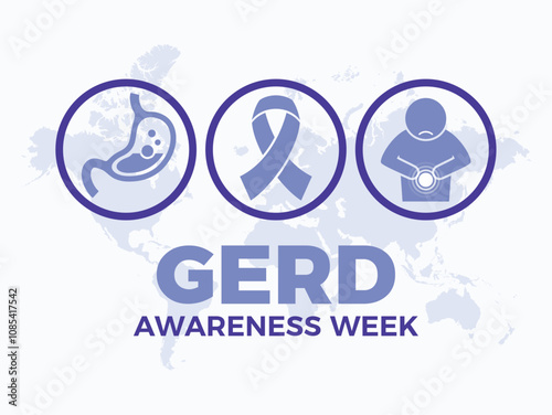 GERD Awareness Week poster vector illustration. Periwinkle awareness ribbon, stomach, pain round icon set vector. Gastroesophageal reflux disease symbol. Template for banner, card. November each year