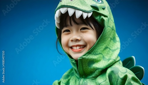 A young girl in a green dinsaur fancy dress costume outfit photo