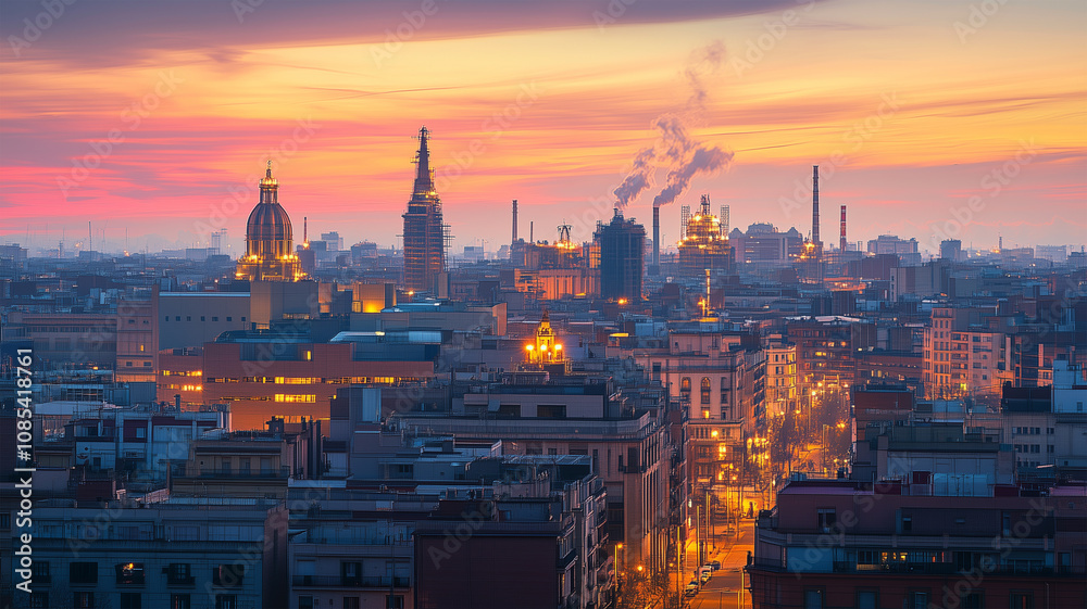 Obraz premium 夕暮れに蒸気を放つ火力発電所の壮大な風景