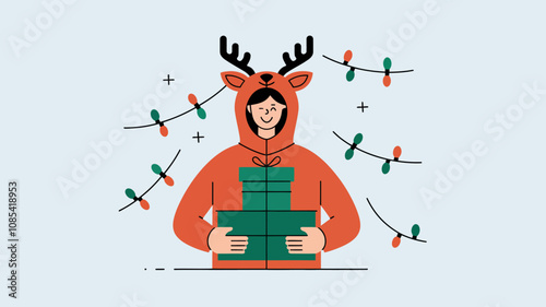 A person wearing a reindeer costume, holding a stack of wrapped gifts.