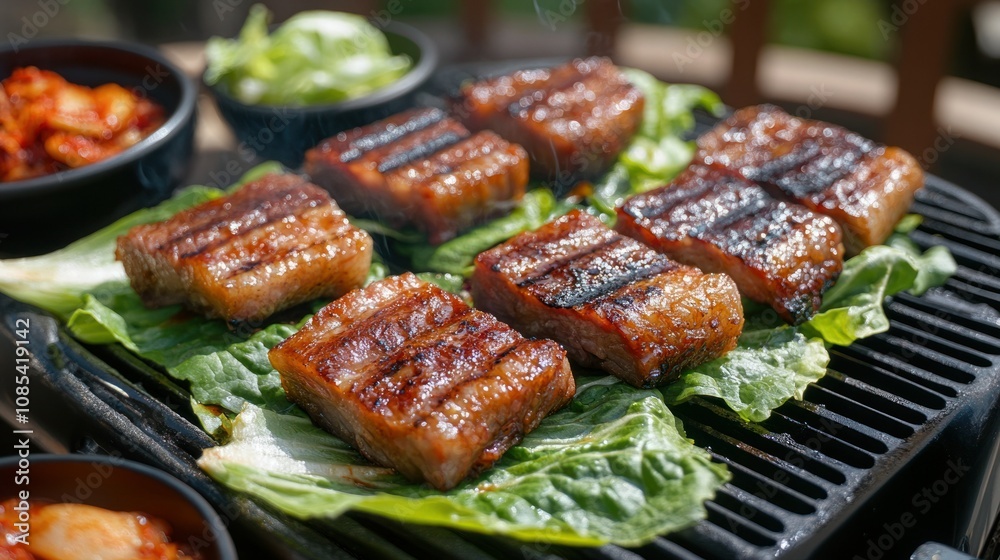 Korean barbecue pork belly sizzling on a tabletop grill, served with lettuce wraps and banchan sides Korean barbecue pork belly sizzling on a tabletop grill, served with lettuce wraps and banchan sides
